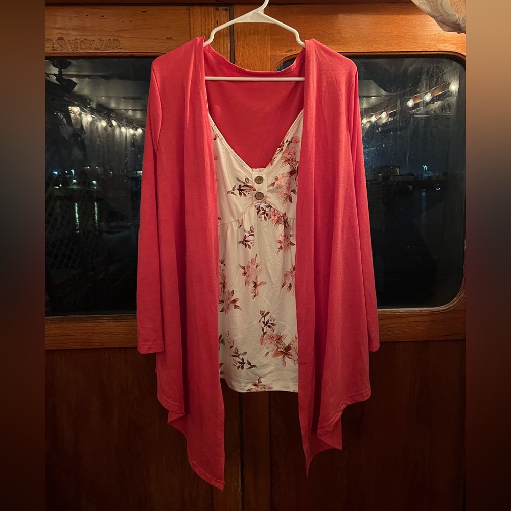 Floral Tank Top with Coral Open-Front Cardigan Set (1XL)